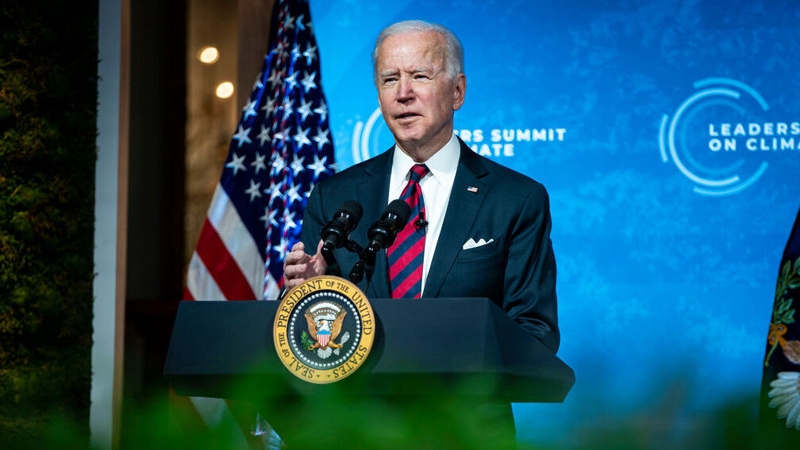 Joe Biden speaks during a virtual Leaders Summit on Climate, in the East Room of the White House