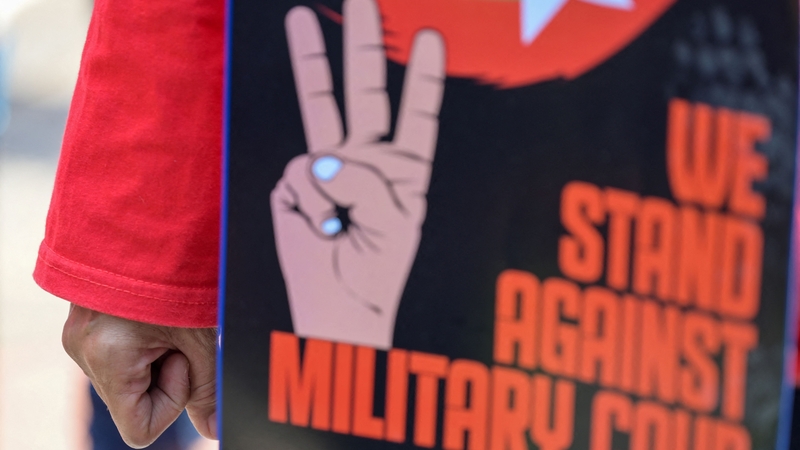 Demonstrators calling for democracy in Myanmar take part in a rally outside ASEAN building in Jakarta