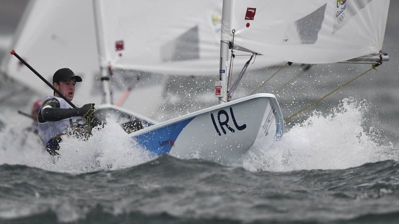 Finn Lynch competing in the Laser Men sailing class on Marina da Gloria in Rio de Janerio during the 2016 Olympics