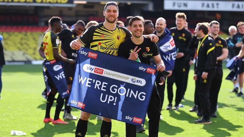 Francisco Sierralta and Kiko Femenia of Watford celebrate at the final whistle after being promoted