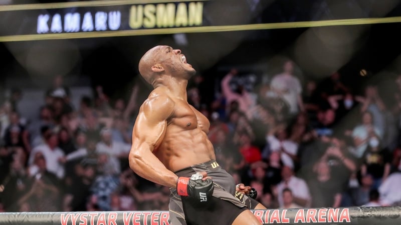 Kamaru Usman celebrates his victory over Jorge Masvidal
