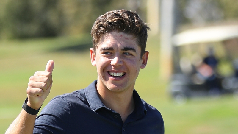 Garrick Higgo of South Africa celebrates victory on the 18th hole