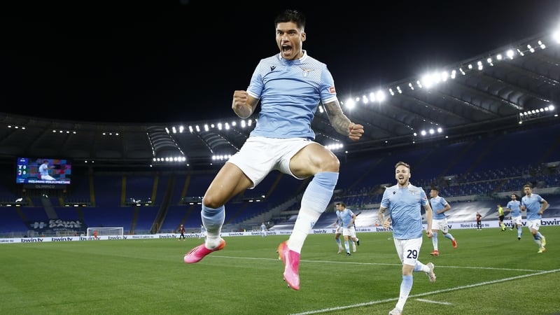 Joaquin Correa celebrates scoring against AC Milan