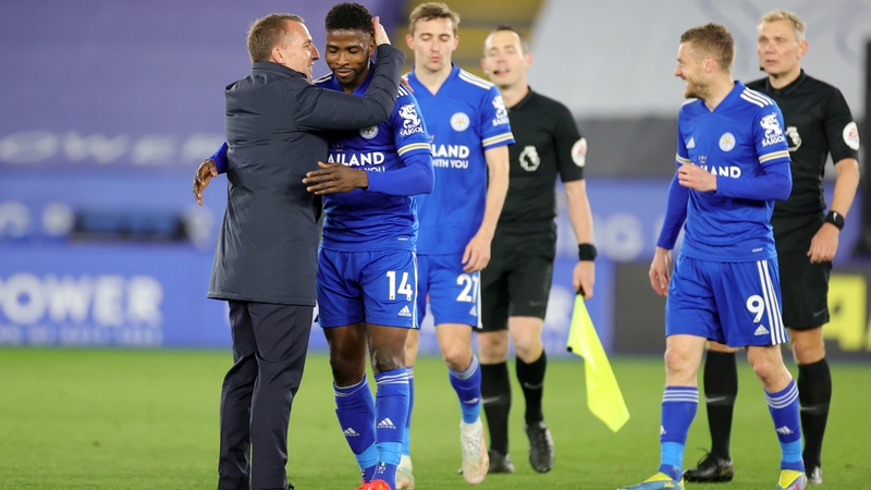 Brendan Rodgers congratulates match-winner Kelechi Iheanacho after the full-time whistle