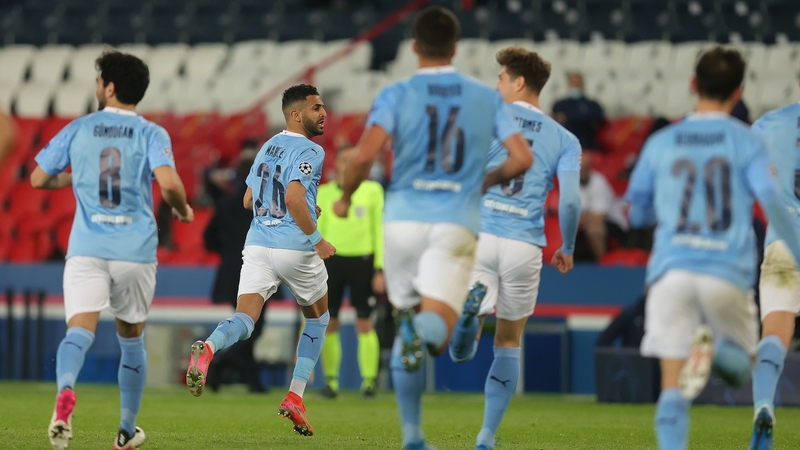 Man City players celebrate Riyad Mahrez's goal