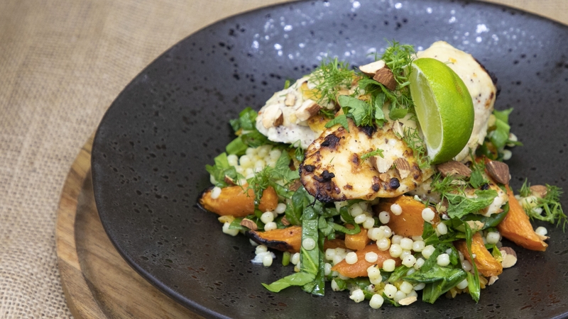 Chicken, roast carrot and fregola salad.