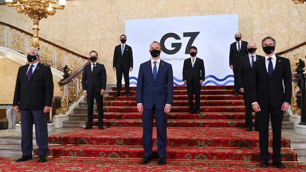 British Foreign Secretary Dominic Raab (C) hosts foreign ministers from the G7at Lancaster House in London