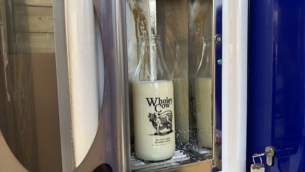 One litre bottle of milk being filled at the Wholey Cow 'Milk Shack'