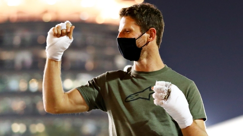Romain Grosjean with bandaged hands at the Grand Prix of Sakhir in December
