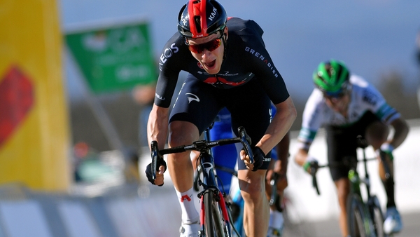 An excited Ethan Hayter pedals for the finish line in Foia