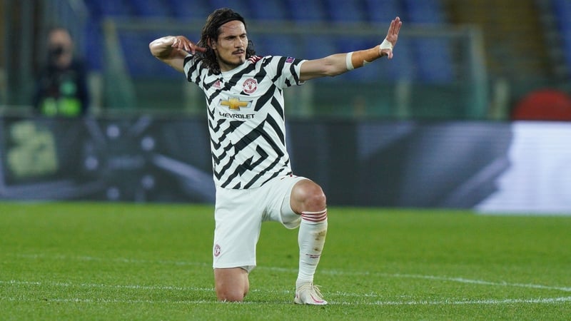 Edinson Cavani celebrates completing a brace in the Eternal City