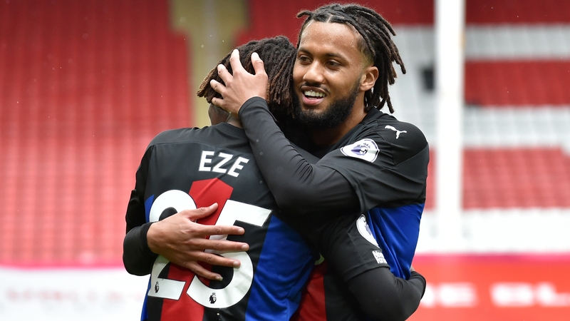 Eberechi Eze celebrates with Crystal Palace team-mate Jairo Riedewald
