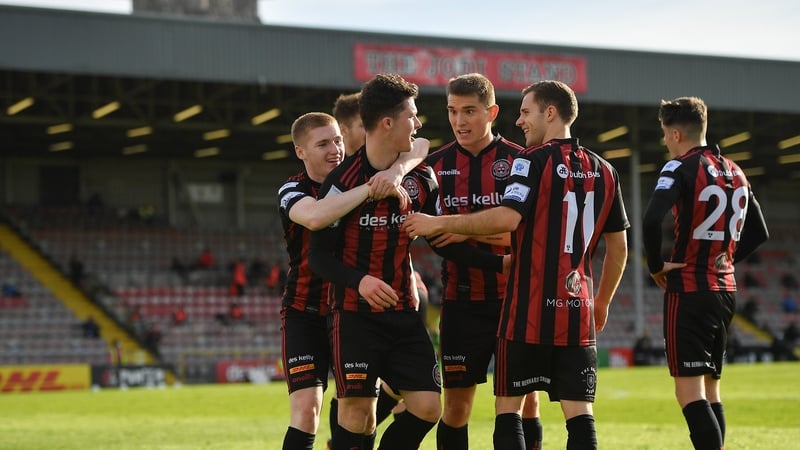 Bohemians' players celebrating Ali Coote's opening goal in their win over Finn Harps