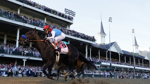 Medina Spirit crossing the finish line to win the 147th running of the Kentucky Derby