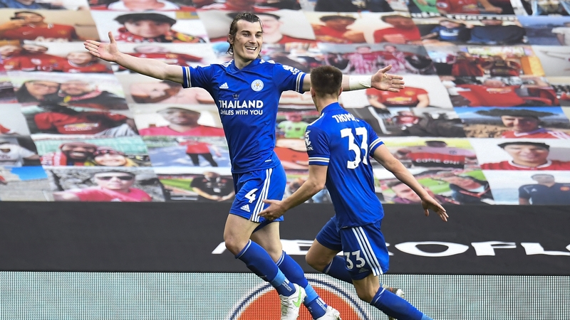 Caglar Soyuncu celebrates his goal at Old Trafford