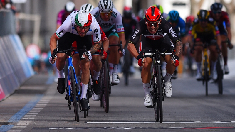Team Lotto-Soudal rider Caleb Ewan (R) outsprints Team Qhubeka Assos rider Giacomo Nizzolo