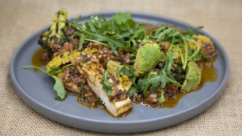 Mags Roche's spicy spatchcock style chicken salad, charred sweetcorn and avocado, shallot and herb dressing.