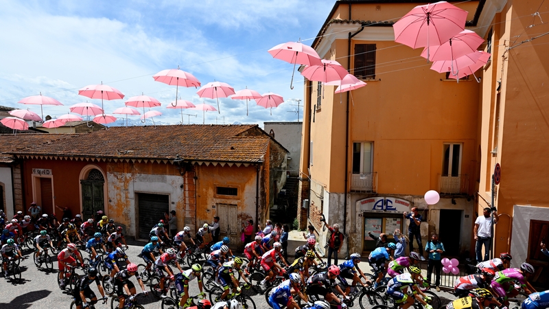 The Peloton at start in Piazza del Carmine in Notaresco Village