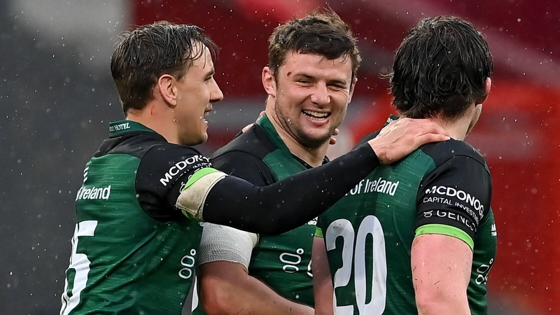 (L to R): John Porch, Eoghan Masterson and Sean Masterson celebrate Connacht's win