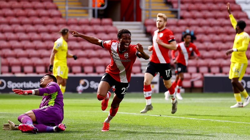 Nathan Tella celebrates his goal at St Mary's