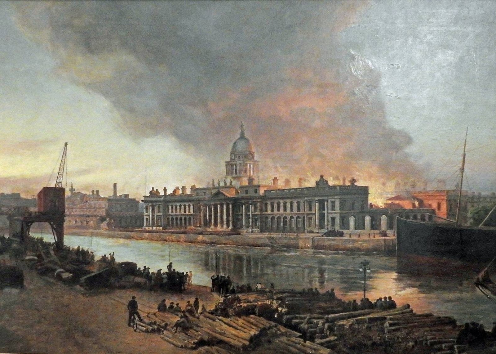 A painting of the fire as seen from the quay across the Liffey. Painted by Archibald McGoogan, 1921. Credit: Dublin Fire Brigade.