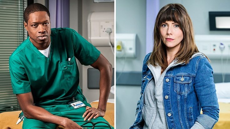 Osi Okerafor as locum registrar Matthew and Elinor Lawless as consultant Stevie Photos: BBC