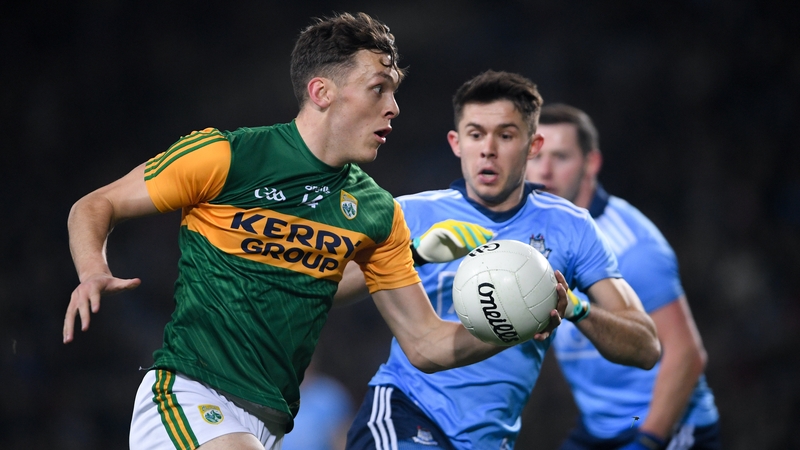 David Clifford and David Byrne in action during the least league meeting between Dublin and Kerry in January 2020
