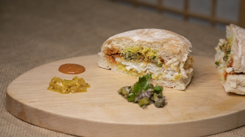 Kevin Aherne's fish sarnie with grilled lemon dressing & tartare garnish