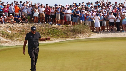 Phil Mickelson reacts on the 10th hole of his third round at Kiawah Island