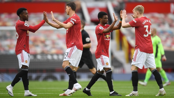Anthony Elanga, Nemanja Matic, Amad Diallo and Donny van de Beek after the win at Wolves