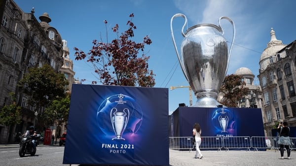 A giant inflatable Champions League trophy on the streets of Porto