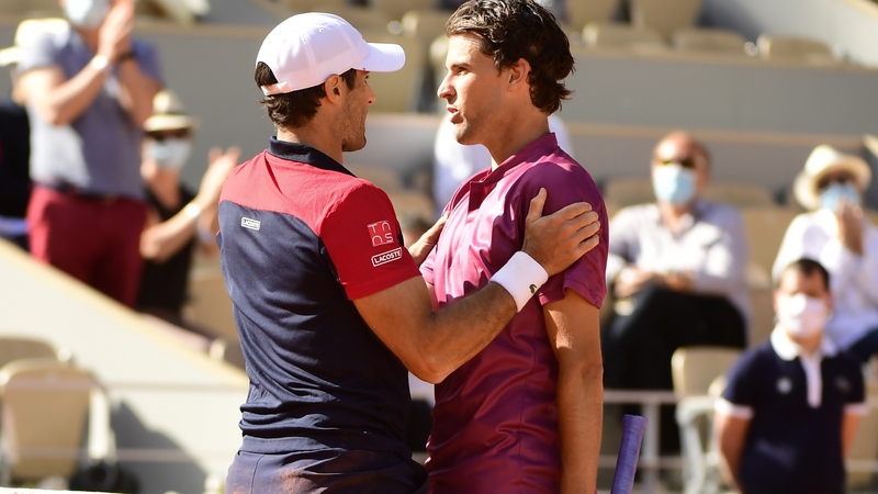 Pablo Andujar (l) of Spain celebrates winning against Dominic Thiem