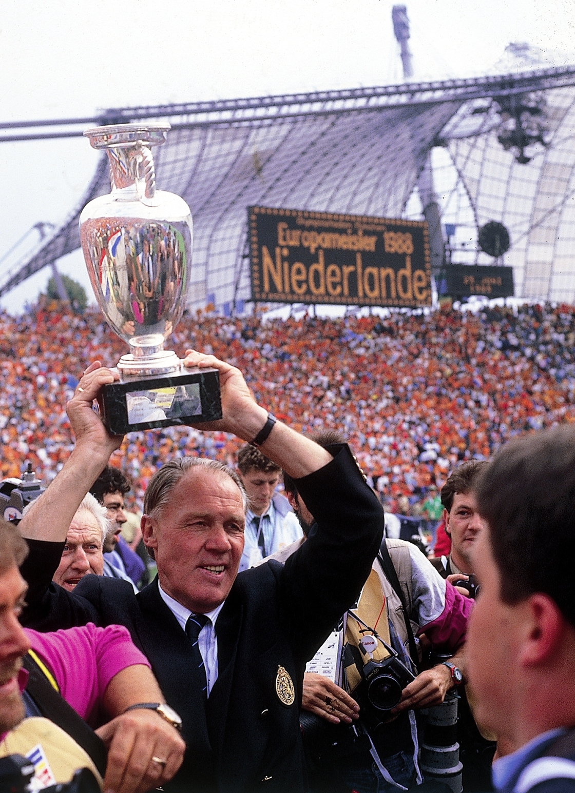 Rinus Michels with the Euro 88 trophy in Munich where he had lost a World Cup final in 1974 also as manager