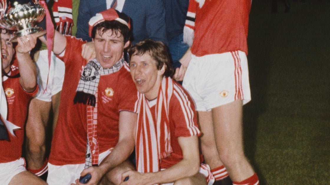 Frank Stapleton and Arnold Muhren after winning the 1983 FA Cup