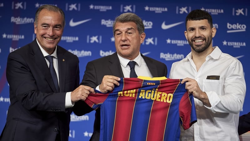 Sergio Aguero (R) at his unveiling