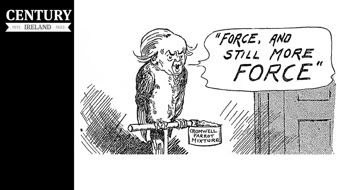 Century Ireland Issue 206 - Cartoon drawing parallels between David Lloyd George and Oliver Cromwell Photo: Sunday Independent, 5 June 1921