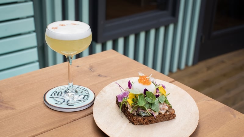 Potted shrimp with devilled eggs and Goatsbridge trout roe on soda bread with a whiskey cocktail.
