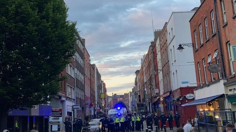 Gardaí lined up at South William Street in Dublin tonight