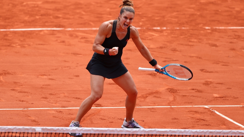 Maria Sakkari celebrates converting match point and reaching the semi-finals at Roland Garros