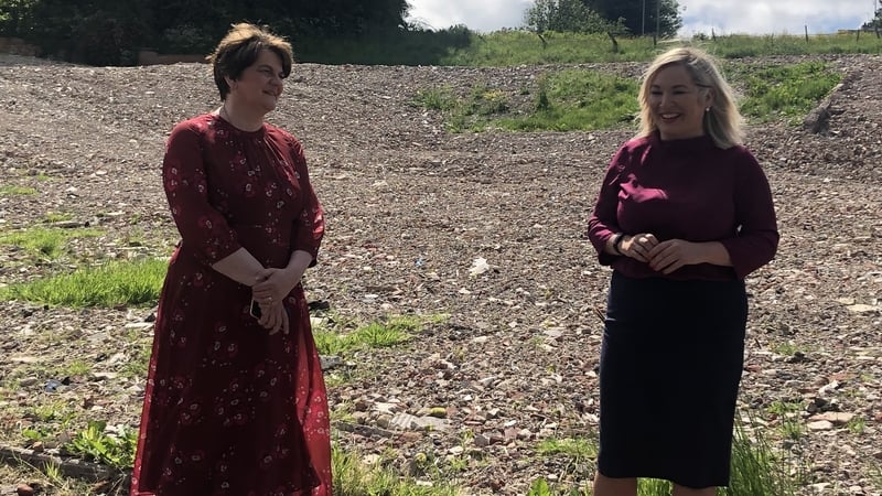 Arlene Foster and Michelle O'Neill in their last press conference together today