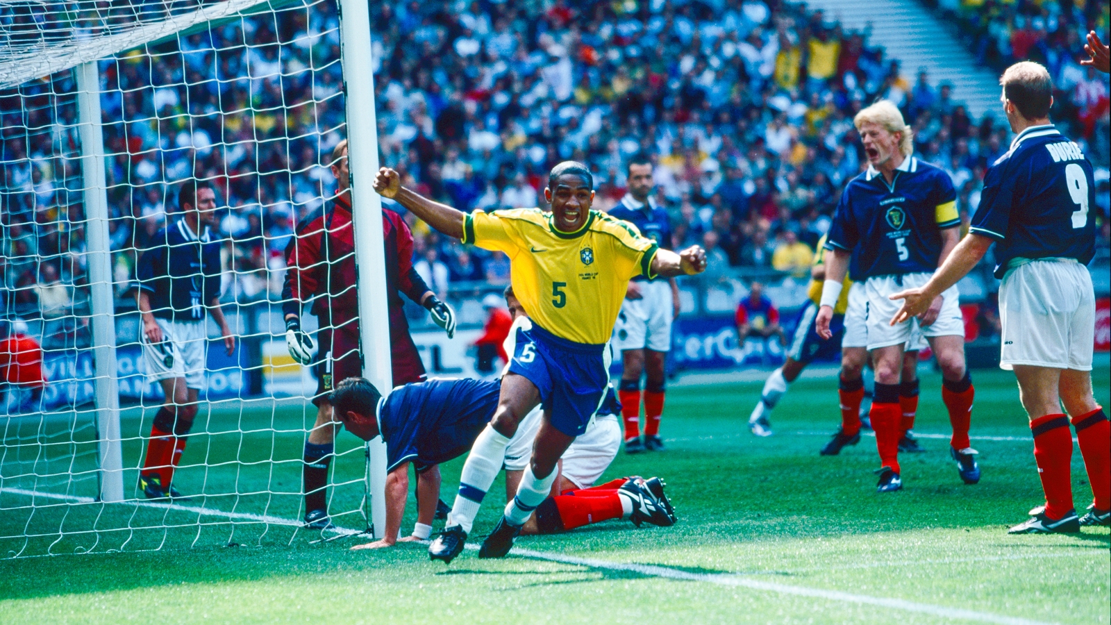 Cesar Sampaio scores the first goal of the 1998 World Cup against Scotland