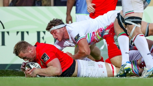 Gavin Coombes crashes over the line for a try in Parma