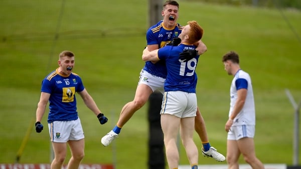 Wicklow players, from left, Darragh Fitzgerald, JP Hurley and Chris O'Brien celebrate at the final whistle