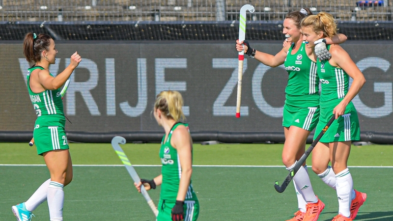 Anna O'Flanagan, left, Deirdre Duke and Zara Malseed of Ireland celebrate after the third goal