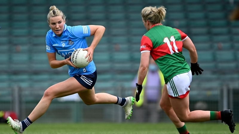 Jennifer Dunne of Dublin in action against Fiona McHale of Mayo - Lidl NFL semi-final 2021