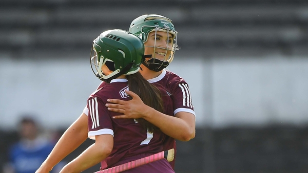 Galway players Niamh Kilkenny, right, and Tara Kenny celebrate the victory