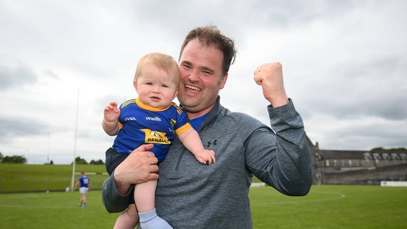 Wicklow manager Davy Burke and his eight-month-old son Shea celebrating yesterday