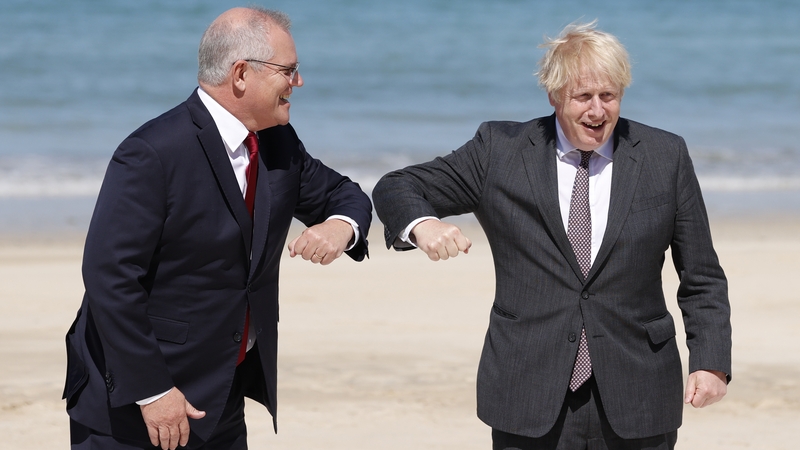 Australia's Prime Minister Scott Morrison and UK Prime Minister Boris Johnson at the G7 summit in Cornwall over the weekend