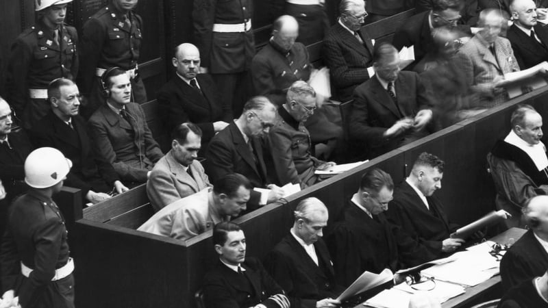 Nazis Hermann Göring, Rudolf Hess, Joacchim von Ribbentrop, Wilhelm Keitel, Alfed Rosenburg and Hans Frank at the 1945 Nuremburg war trials. The Standard believed all the charges could also be "held at the door of Soviet Russia". Photo: Getty Images