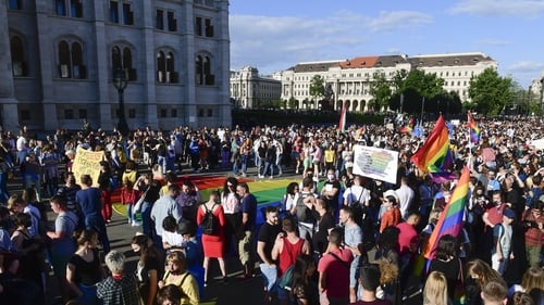 More than 5,000 people rallied outside parliament on Monday against the legislation, which LGBTQ groups have compared to similar legislation in Russia
